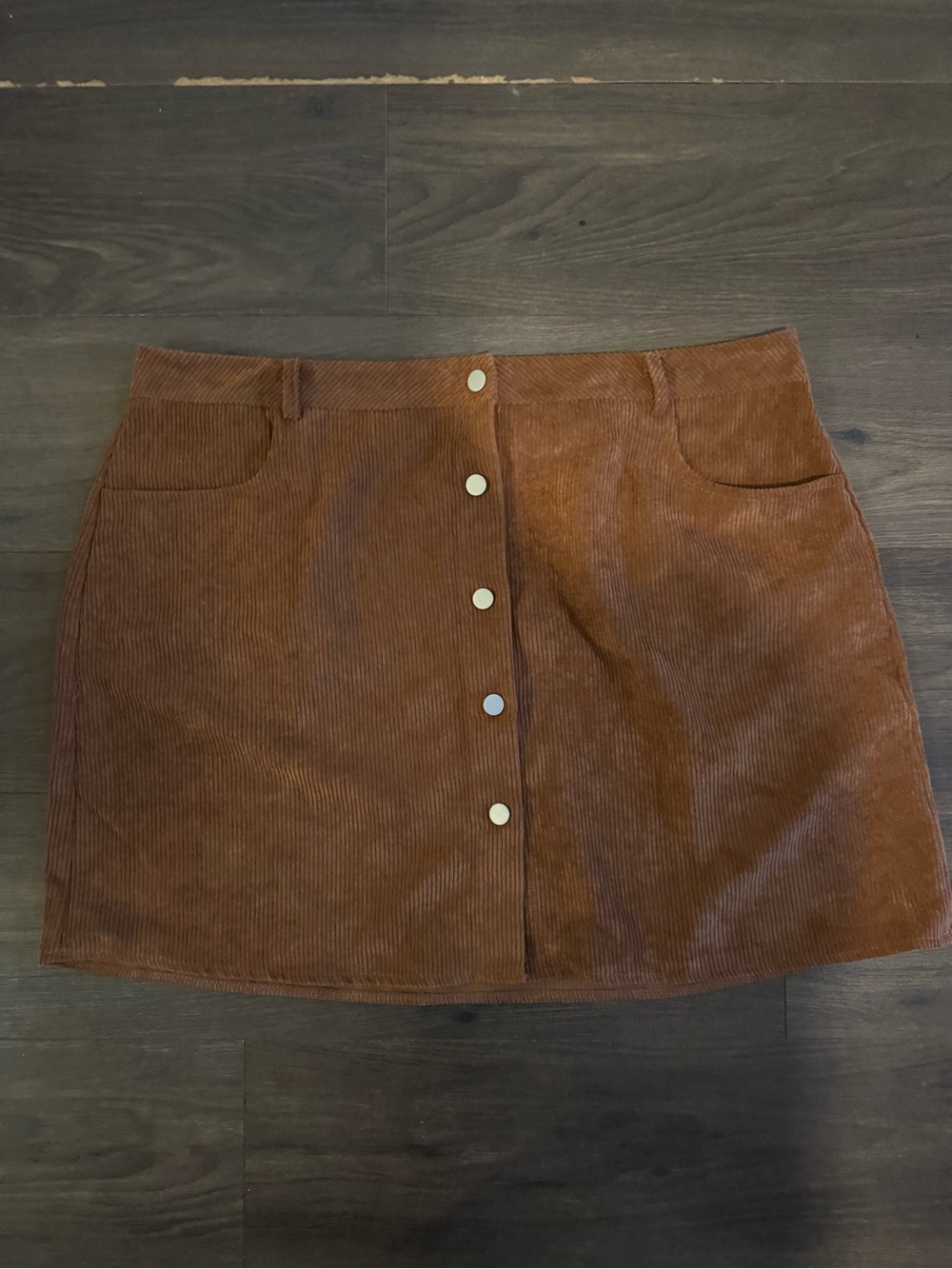 Button-Front Corduroy Mini Skirt in Rust Brown